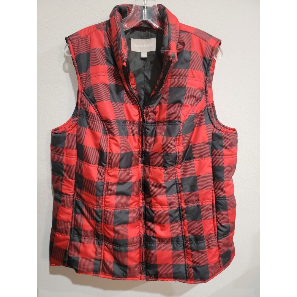 Woman Within Vest Womens Size L 18/20 Red Buffalo Plaid Puffer‎ Full Zip